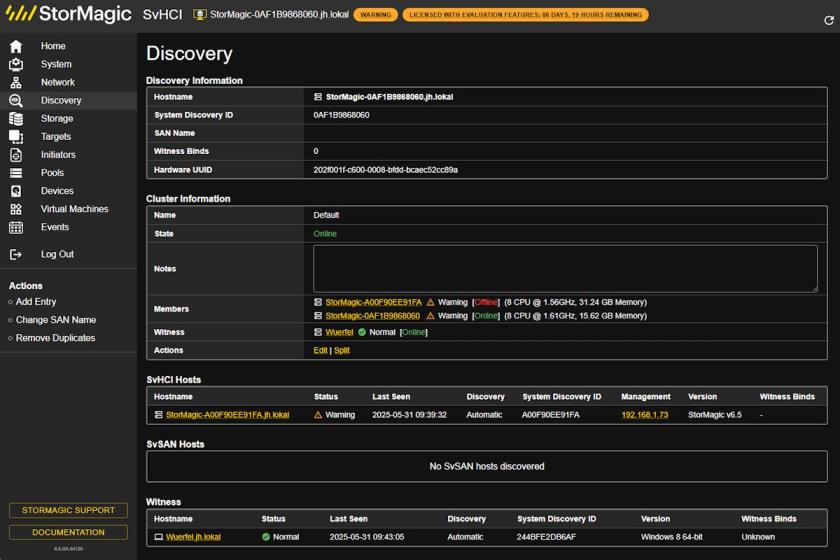 Screenshot von StorMagic SvHCI 2.0 im Rahmen des IT-Administrator-Tests in Ausgabe 09/2025
