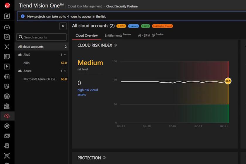 Screenshot: Vier große Cloudprovider stehen bei Vision One zum Einbinden zur Auswahl: Administratoren erhalten so einen Überblick über ihre gesamten Cloudumgebungen.