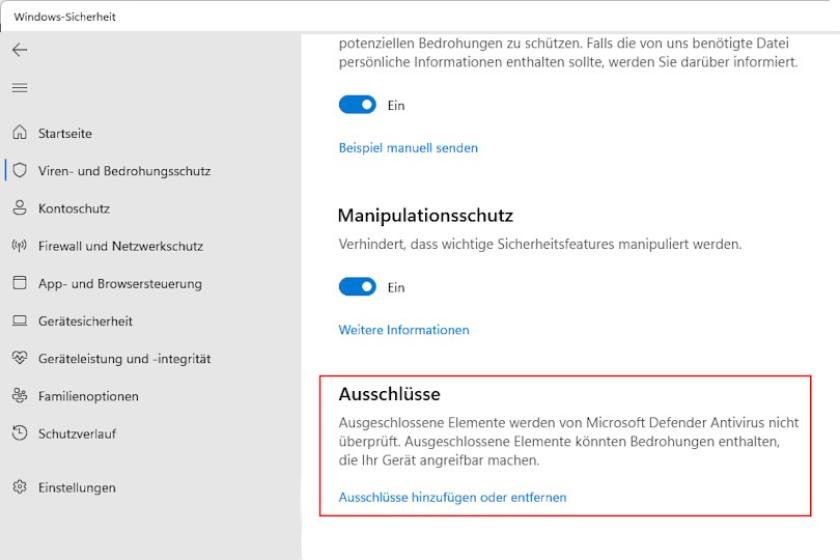 Um zur Liste des Scan-Ausschlüsse für den Microsoft Defender zu gelangen, müssen Sie sich quer durch das Settings-Menü klicken.