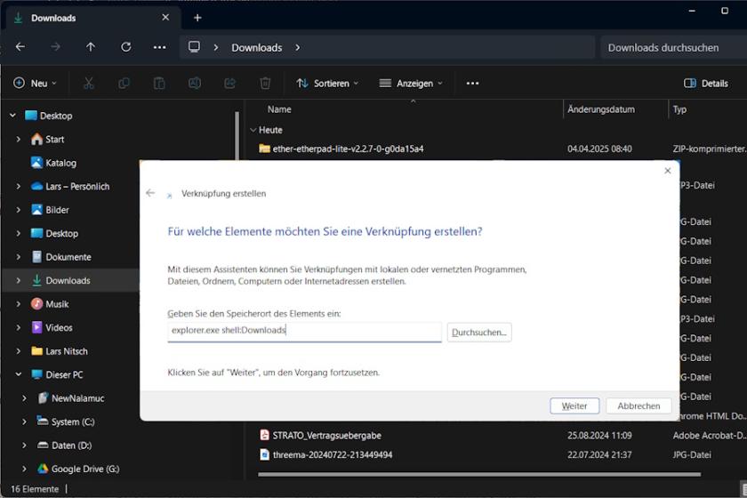 Eine angepasste Desktop-Verknüpfung öffnet des Datei-Explorer direkt im Download-Verzeichnis.
