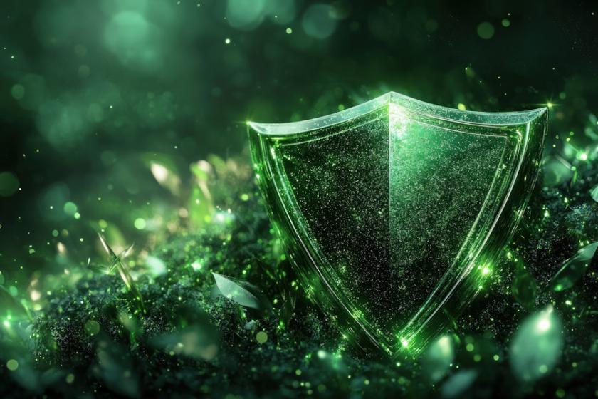 Gläsernes, mintgrün leuchtendes Schutzschild als symbolische Darstellung einer sicheren Firewall in Linux Mint. (Quelle: pkake2000 – 123RF)
