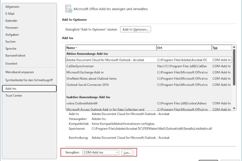 Bei denn Add-in-Optionen in Outlook müssen Sie auf den "Los..."-Button am unteren Rand klicken, um Erweiterungen auch wirklich bearbeiten zu können.