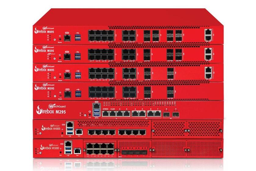 Gestapelte WatchGuard-Firebox-Geräte: oben die neuen Modelle M295 bis M695, unten die bestehenden Firewalls M4800 und M5800 als Teil der Firebox-Serie.