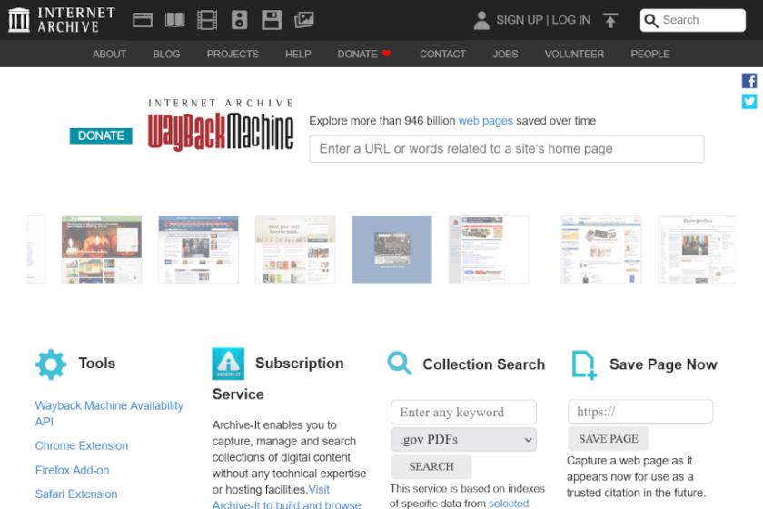 Startseite des Internet Archive: Oben eine schwarze Navigationsleiste mit dem weißen Logo des Internet Archive links und einem Suchfeld für URLs oder Schlüsselwörter in der Mitte. 