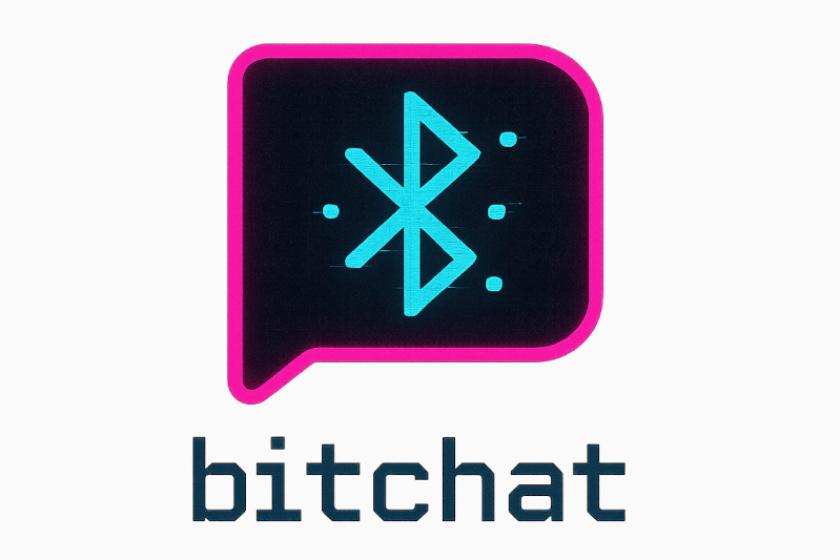 bitchat-Logo mit einem blauen Bluetooth-Symbol in einer schwarzen, rosa umrandeten Sprechblase.