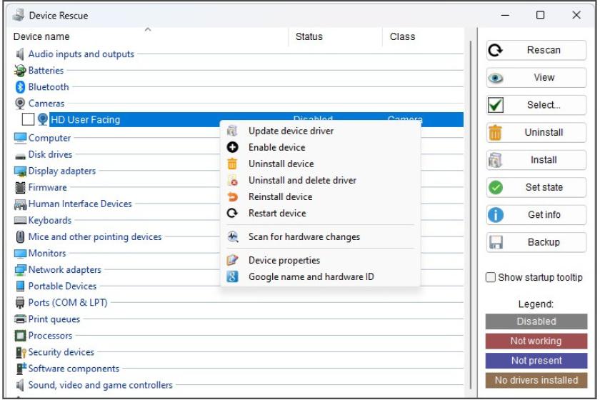 Screenshot der Software DeviceRescue mit einer Liste an vorhandenen Hardware-Komponenten.