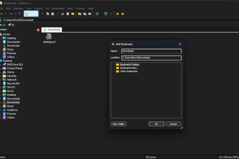 Screenshot des Explorer++-Fensters mit der Möglichkeit, Ordner als Lesezeichen anzulegen.