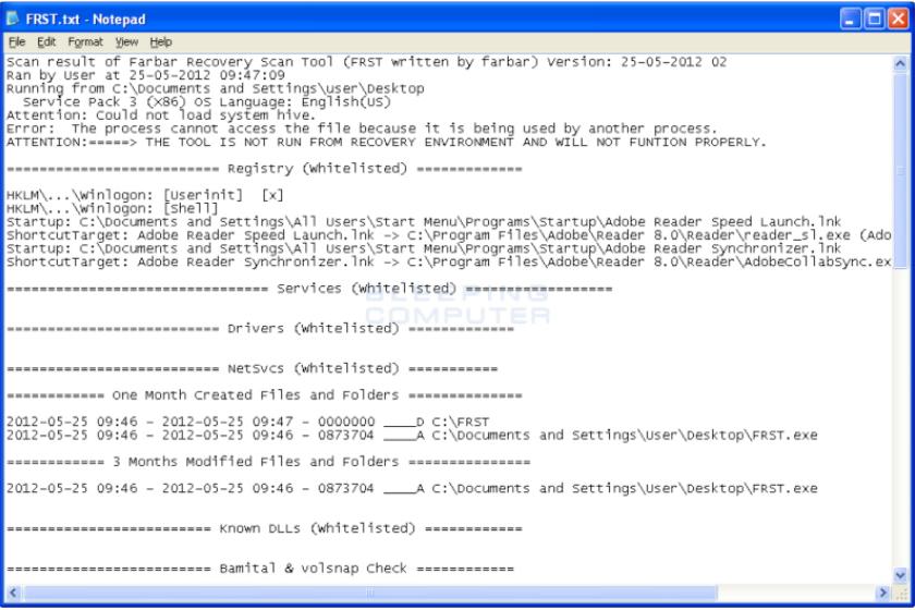 Screenshot eines Texteditor-Fensters mit Scanergebnissen des Farbar Recovery Scan Tools.