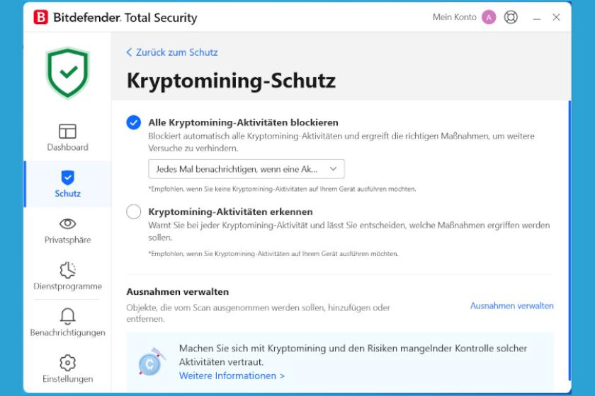 Die "Cryptomining Protection" soll vor dem unerwünschten Schürfen von Kryptowährungen auf dem eigenen Rechner schützen.