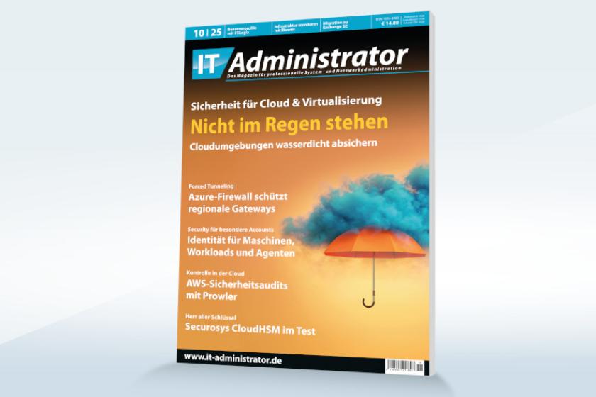 Titelbild des IT-Administrator 10/2025 mit einem orangefarbenen Regenschirm unter einer blauen Wolke.