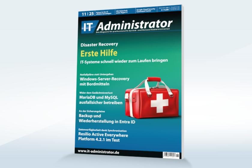 Titelseite der IT-Administrator-Ausgabe November 2025 mit dem Schwerpunkt Disaster Recovery.
