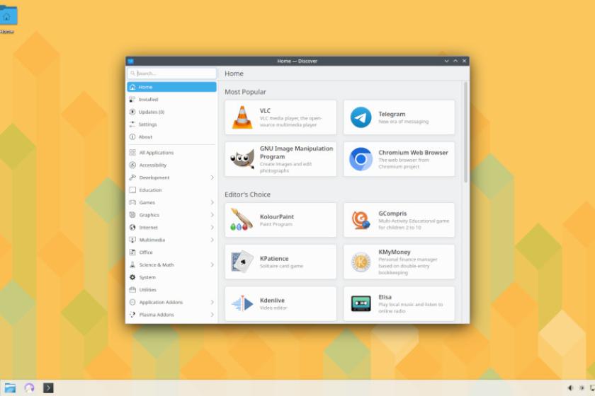 Screenshot des OpenSuse-Desktops mit einem Discover-Fenster geöffnet, in dem verschiedene Programme zur Installation bereitstehen.