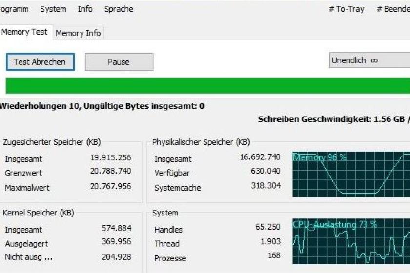 Nach den Tests präsentiert QuickMemoryTestOK übersichtlich Kennzahlen wie Grafiken.