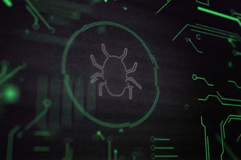 Ein stilisierter Käfer sitzt auf einer Schaltplatine und symbolisiert einen Computer-Bug.