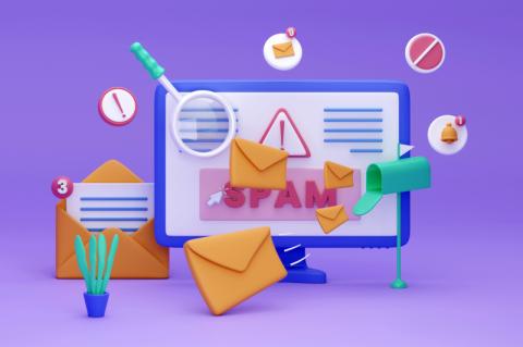 Stilisierte 3D-Darstellung eines Bildschirms mit einer Spam-Mail darauf.