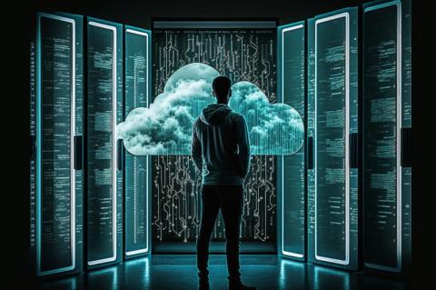 IT-Verantwortlicher, der vor Serverschränken und einer symbolisierten Wolke steht.