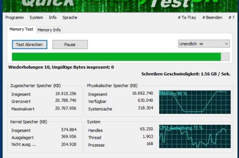 QuickMemoryTestOK überprüft den Arbeitsspeicher mit einer theoretisch unbegrenzten Anzahl von Wiederholungen.  