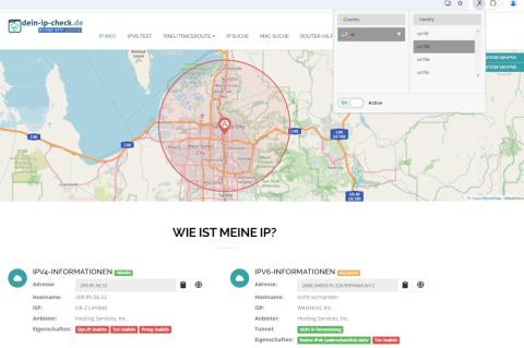 Mit anonymoX ändern Sie per Mausklick im Browser Ihre IP-Adresse und Standort – hier von München nach Salt Lake City.