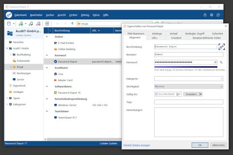 Die Eingabemaske von Password Depot ist übersichtlich und erlaubt die Gliederung in verschiedene Rubriken.