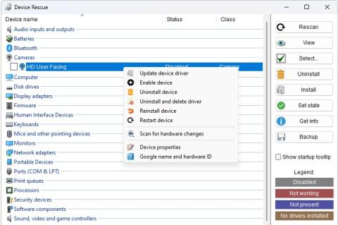 Screenshot der Software DeviceRescue, die eine Übersicht der Hardware-Komponenten des Systems anzeigt.