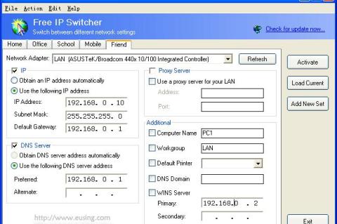 Screenshot des Tools Free IP Switcher, in dem IP-Einstellungen wie Adressen und DNS-Server zu sehen sind.