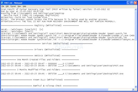 Screenshot eines Texteditor-Fensters mit Scanergebnissen des Farbar Recovery Scan Tools.