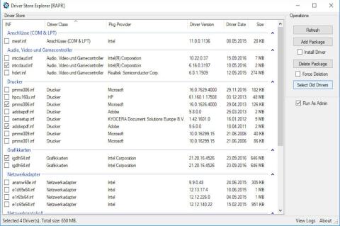 Screenshot von DriverStoreExplorer unter Windows: Übersichtliche Tabelle mit installierten Treiberpaketen (INF-Dateien, Treiberklassen, Anbieter, Version, Datum, Größe) und markierten Auswahlkästchen.