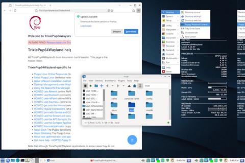 Desktop-Screenshot von TrixiePup64, einer Puppy-Linux-Distribution, im Live-Betrieb mit System- und Dateiverwaltungswerkzeugen.