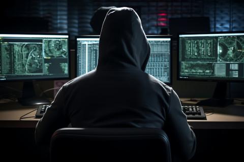 Hacker, der in einem schwarzen Kapuzenpulli vor mehreren Bildschirmen sitzt.