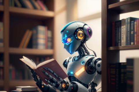 Ein weißer, humanoider Roboter steht in einer Bibliothek neben einem Bücherregal und liest in einem roten Buch.