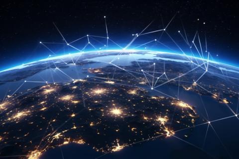 Darstellung der Erde aus dem Weltall mit abstrakten Linien, die Satellitenkommunikation symbolisieren.