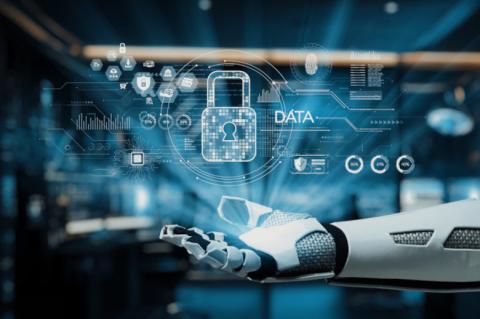 Eine weiße, geöffnete Roboterhand, über der ein stilisiertes, digitales Vorhängeschloss schwebt.