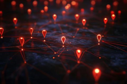 3D-Netzwerkkonzept mit roten Verbindungspunkten auf dunklem Hintergrund