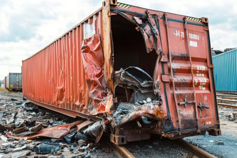 Ein verbeulter roter Container mit herausgerissener Tür steht auf Bahnschienen.