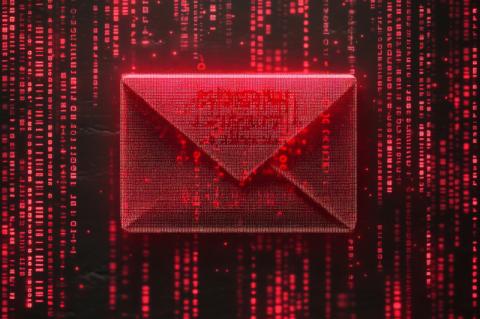 Ein roter, digitaler Briefumschlag vor rot dargestelltem, abstrakten Programmiercode.