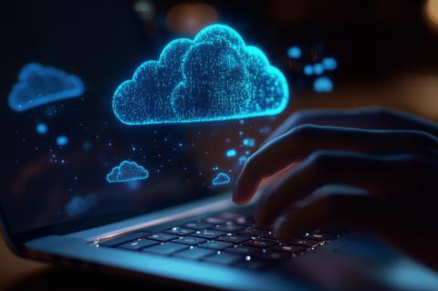 Hände auf einer Laptop-Tastatur, darüber schweben digitalisierte Wolken vor dem Bildschirm.