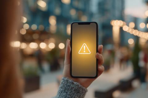Frau hält ein Smartphone hoch, auf dem ein gelb hinterlegtes Ausrufezeichen auf dem Display zu sehen ist.