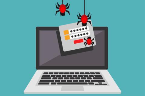 Darstellung eines aufgeklappten Laptops mit ausgefüllter Anmeldemaske, die durch Angreifer gestohlen wird.