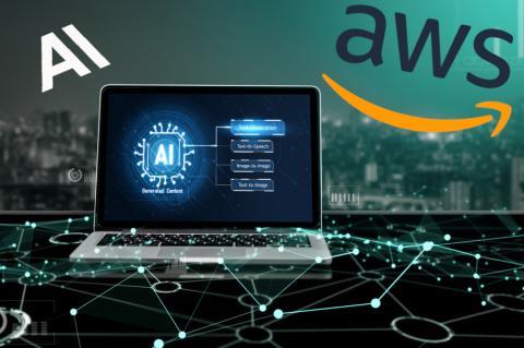 Laptop mit generative KI-Virtual-Assistant-Tool. Hintergrund Stadtsilouette und Datenknoten und Logo AWS und Anthropic 