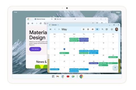 Android-Tablet mit zwei geöffneten Fenstern, einem Chrome-Browser im Hintergrund und einem Kalender im Vordergrund.