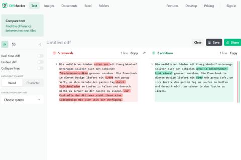 Über die Webseite von Diffchecker.com lassen sich die Unterschiede zwischen zwei Texten im Nu erkennen.