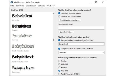 Das Tool SchriftDrucker zeigt die auf dem System vorhandenen Fonts übersichtlich an.
