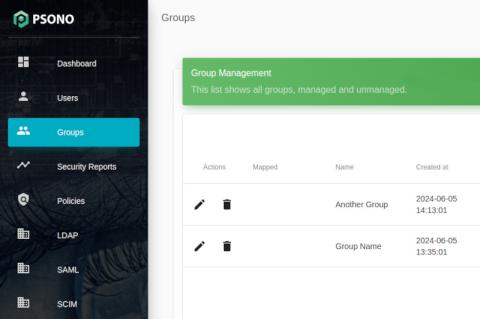 Screenshot des Passwortmanagers Psono mit einem Dashboard und der Übersicht über die angelegten Benutzergruppen.