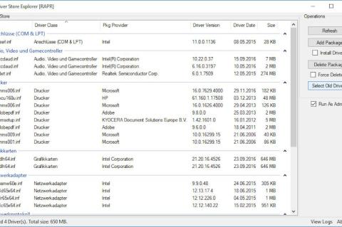 Screenshot von DriverStoreExplorer unter Windows: Tabelle mit installierten Treiberpaketen (INF-Dateien, Anbieter, Version, Datum, Größe) sowie Optionen zum Installieren oder Löschen von Treibern.