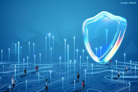 Ein Schild im Cyberspace symbolisiert die Abwehr von IT-Bedrohungen gemäß dem jüngsten ENISA-Threat-Landscape-Report (Quelle: ENISA)