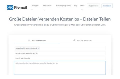 Nach der Eingabe weniger Informationen geht die gewünschte Datei mit filemail.com auf die Reise.
