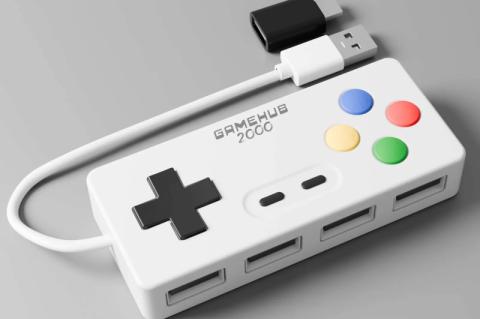 Der USB-Hub "Game Hub 2000" bietet vier Anschlüsse und kommt im Design eines Gamecontrollers daher.