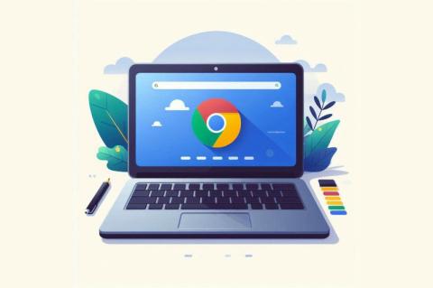 Darstellung eines geöffneten Laptops mit dem Google-Chrome-Logo auf dem Bildschirm.