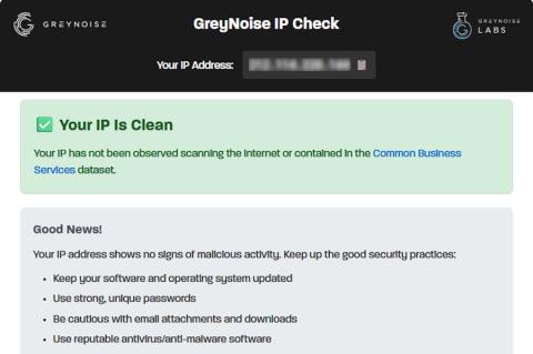 Screenshot der Webseite GreyNoise IP Check, die anzeigt, dass die geprüfte IP-Adresse als unauffällig eingestuft wurde.