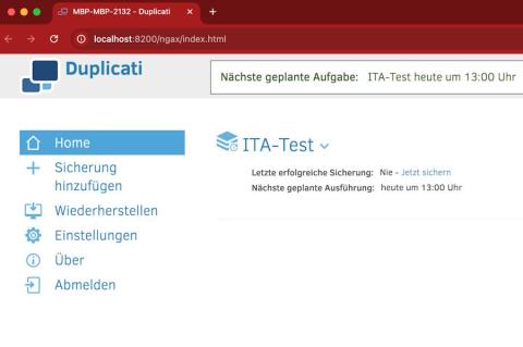 Screenshot der Duplicati-Weboberfläche mit geplanter Backupaufgabe "ITA-Test" und Menü für Sicherung, Wiederherstellung und Einstellungen.